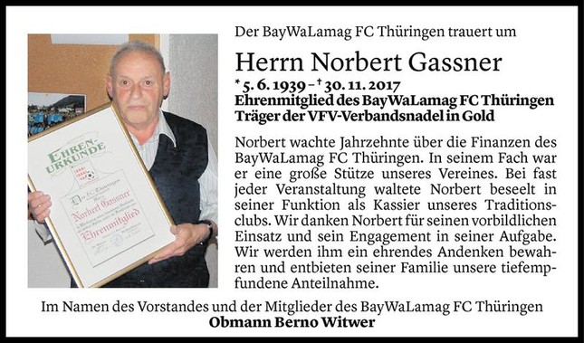 Kassierer Norbert Gassner verstorben!
